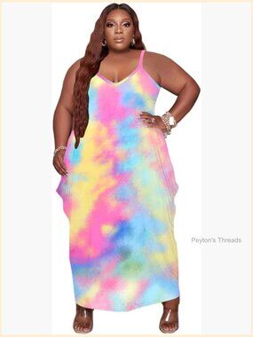 Plus Size Maxi Dress with Pockets Short Sleeve Loose Fit Beach Sundress